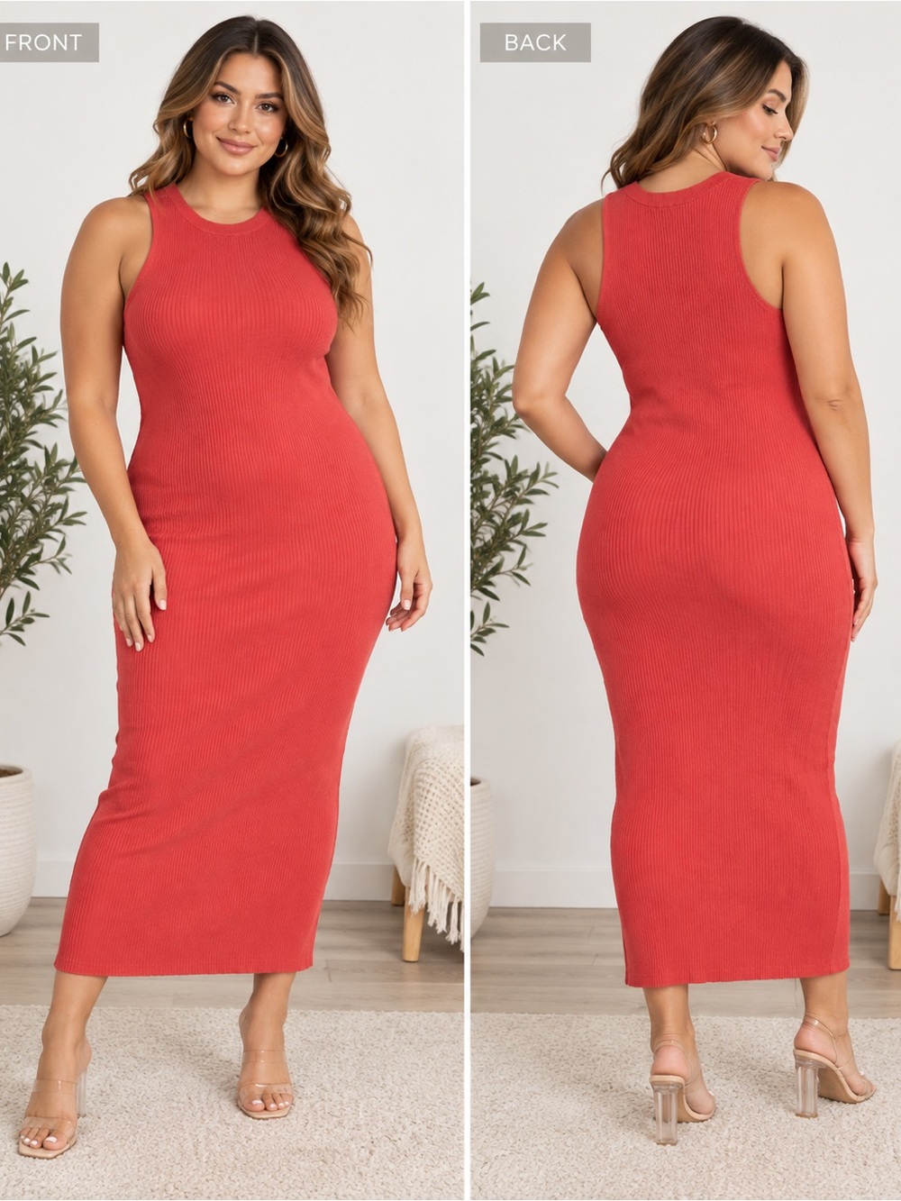Wilfred Aritzia XL Red Ribbed Bodycon Midi Dress Sleeveless Stretch